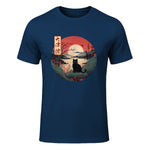 Japanese Red Sunset and Black cat Kanji Japan art T-Shirt in Navy - front view