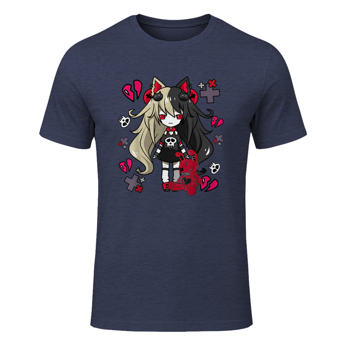 Chibi Kawaii Emo Pastel Goth Girl with Sad Bunny in Heather Navy - front view