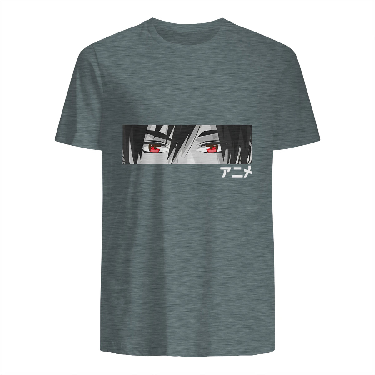 Anime in Japanese Characters Kawaii Eyes Face Short Sleeve in Dark Heather - back view