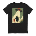 Vintage Japanese Cat Alien Cat Dad UFO Abduction Graphic Tee T-Shirt in Black - back view