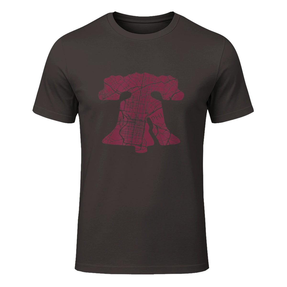 Philadelphia Street Map Liberty Bell Vintage Maroon Philly T-Shirt in Dark Chocolate - front view
