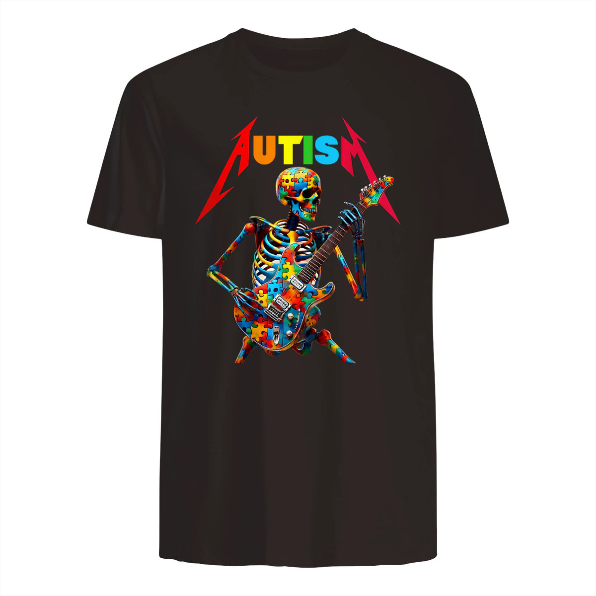 Autism Skeleton Guitar Player Rock Music Autism Awareness in Dark Chocolate - back view