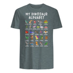 Types Of Dinosaurs Alphabet Dino Identification T-Shirt in Dark Heather - back view