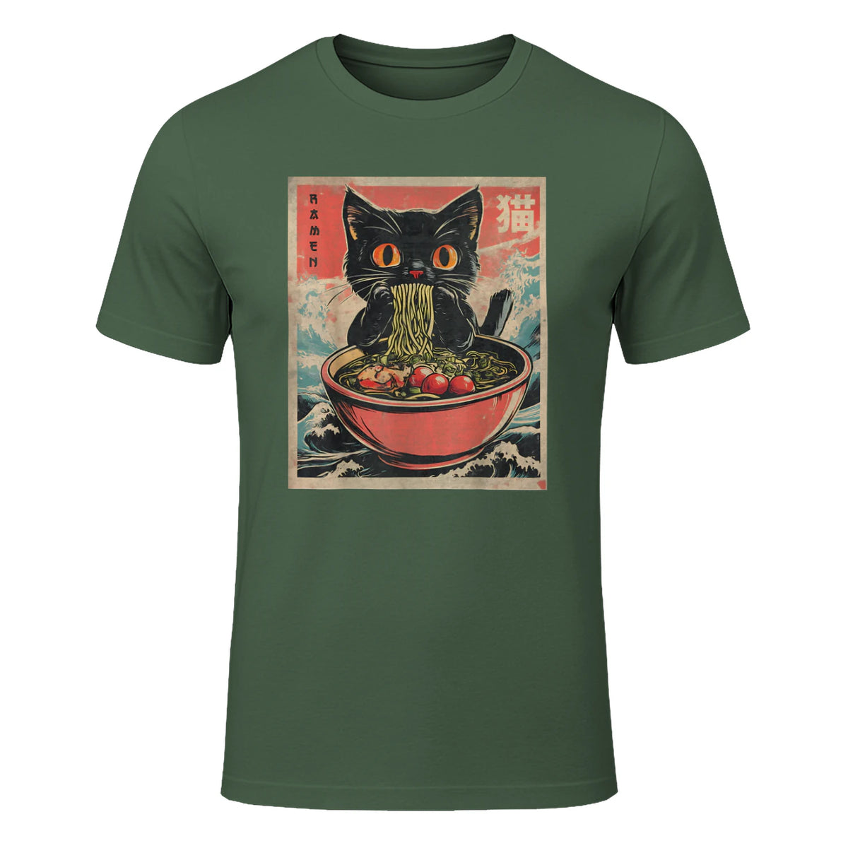 Unisex Adults Cat Ramen Japanese Funny Graphic Tees Kawaii Cat Anime Gifts T-Shirt in Military Green - front view