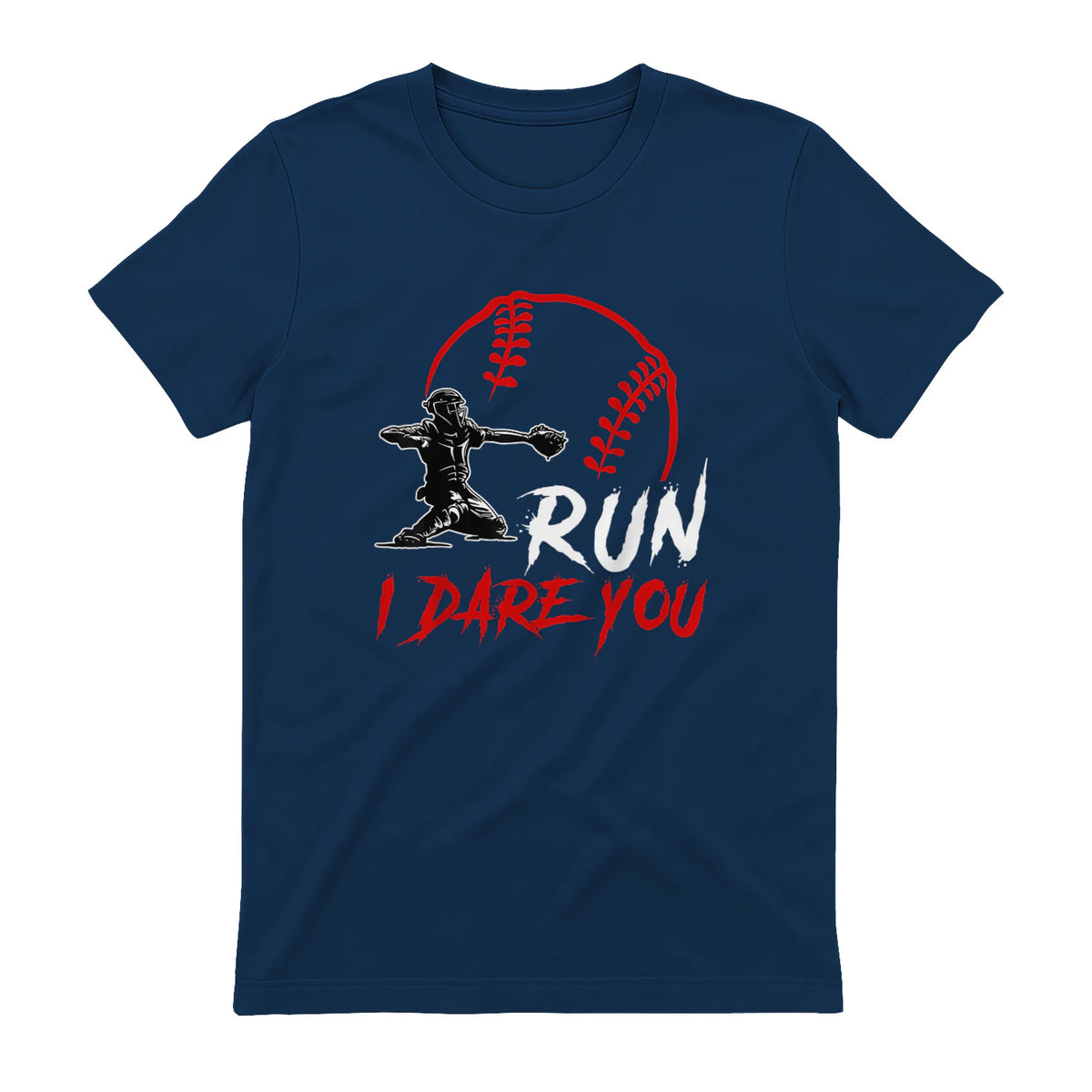 Run Steal I Dare You Humor Baseball Catcher Vintage T-Shirt in Navy - back view