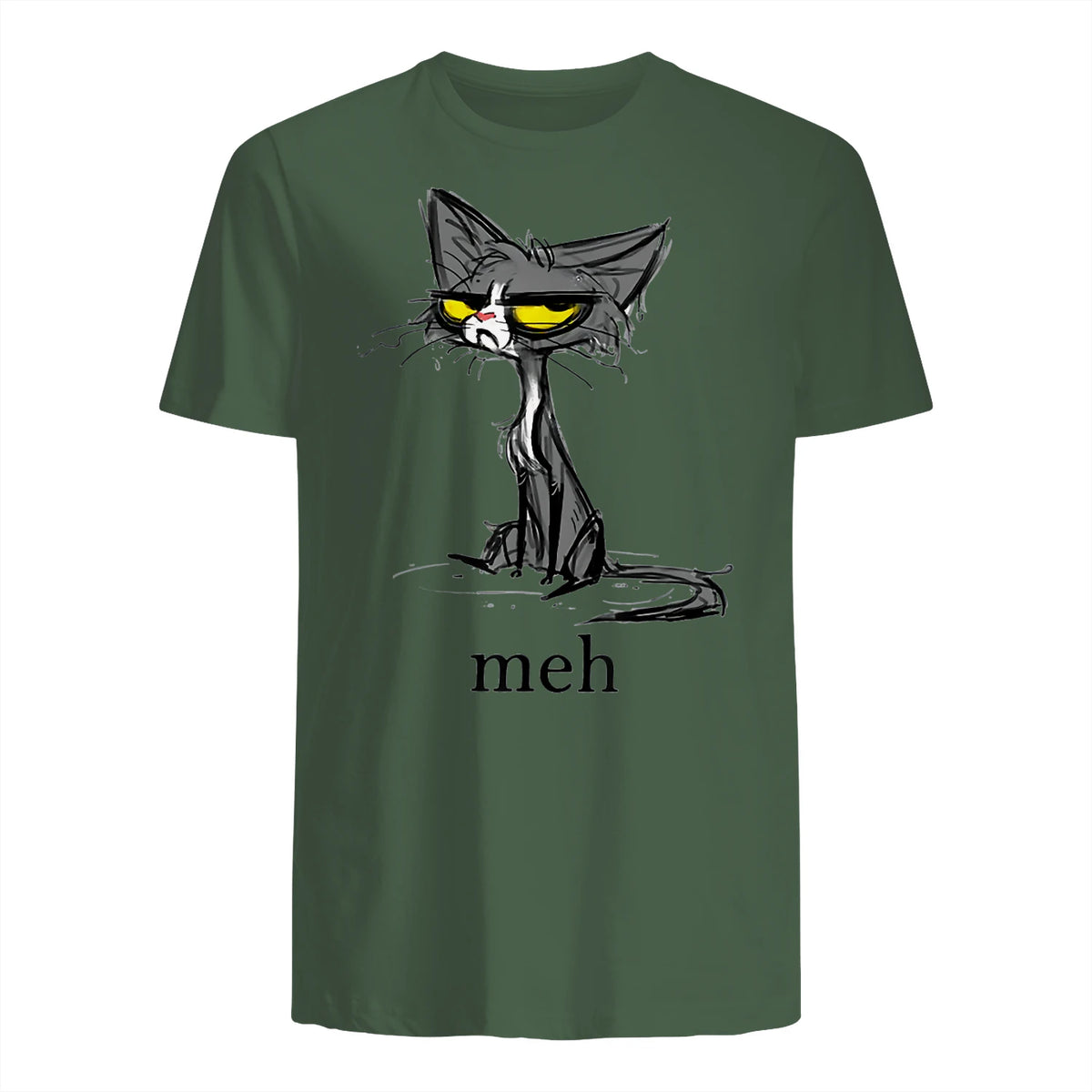 Funny Meh Cat Gift for Cat Lovers in Military Green - back view