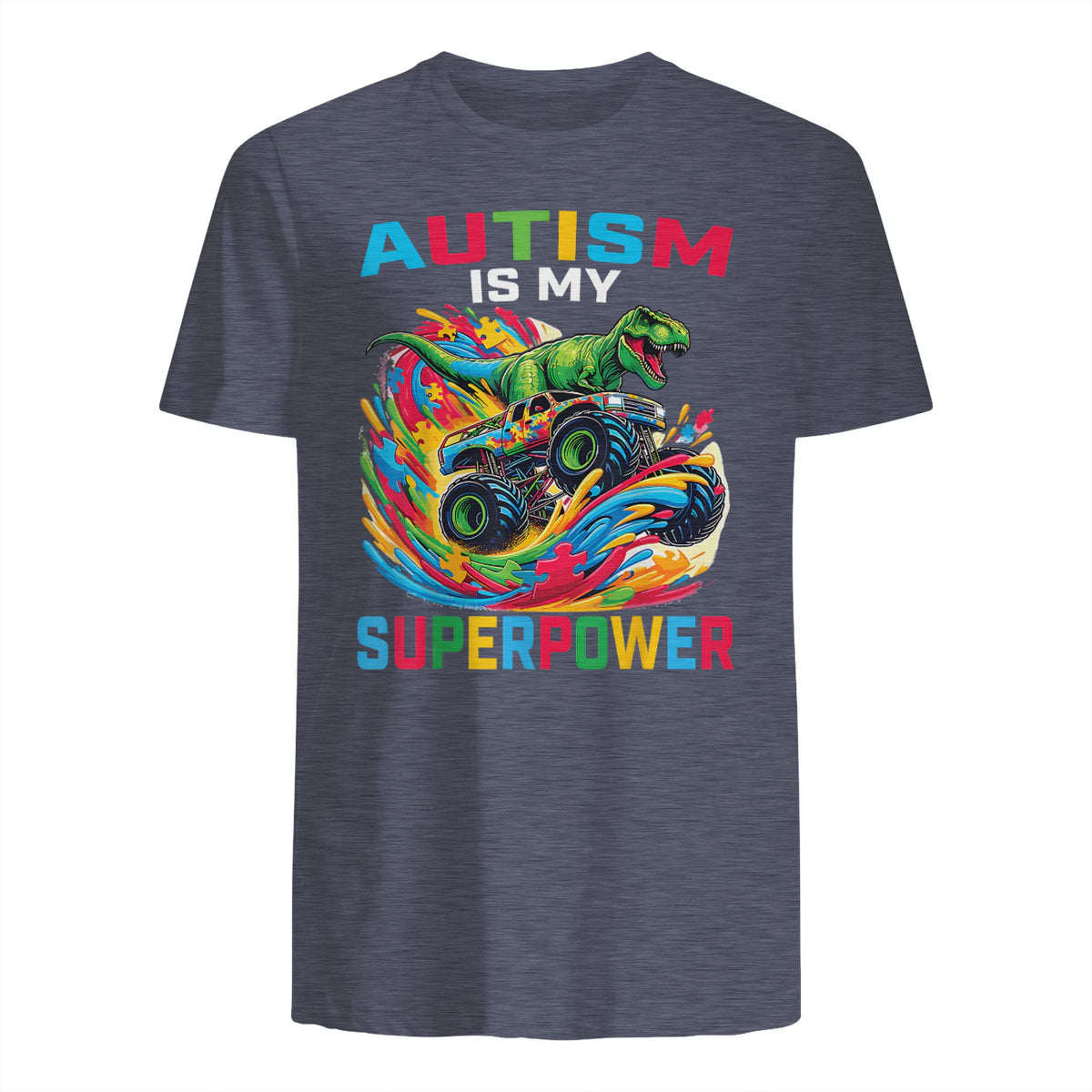 Autism is My Superpower Dino T Rex Monster Truck Kids Boys in Heather Navy - back view