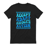 Accept Adapt Advocate Autism Awareness T-Shirt in Black - back view