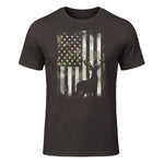 Camo US Flag Deer Elk Buck Camoflage Hunting Hunter Dad Gift Short Sleeve in Dark Chocolate - front view