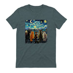 Funny Cat Starry Night Van Gogh Cats Rooftop Scene Feline T-Shirt in Dark Heather - back view