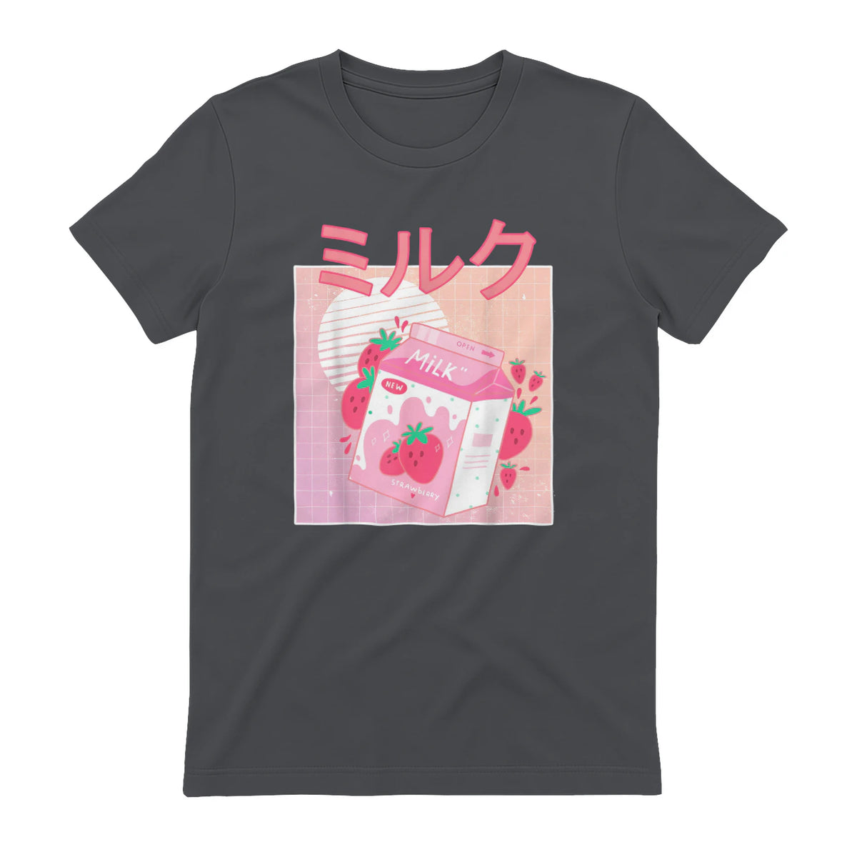 Funny Retro Nineties Japanese Kawaii Strawberry Milk Shake Carton T-Shirt in Charcoal - back view