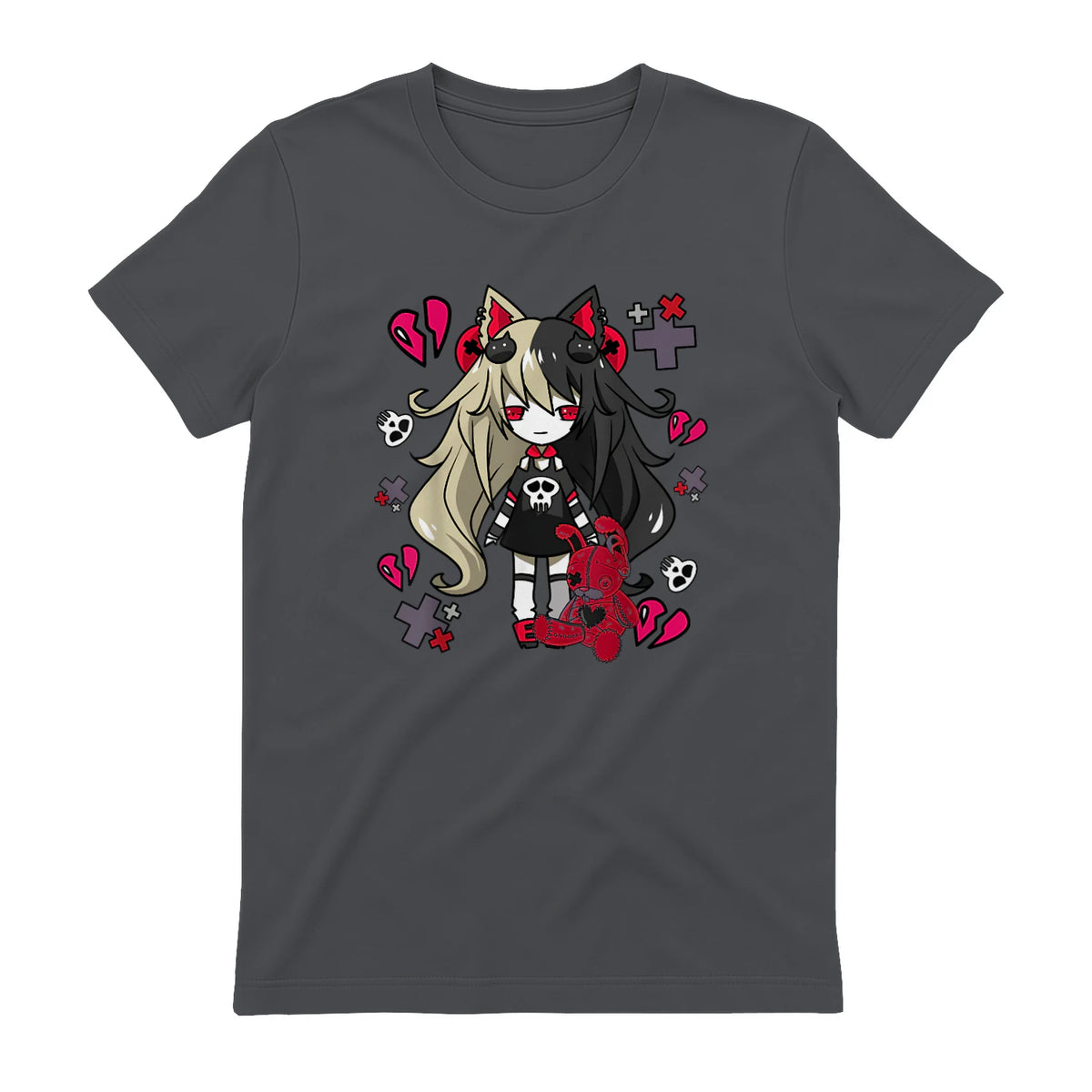 Chibi Kawaii Emo Pastel Goth Girl with Sad Bunny in Charcoal - back view