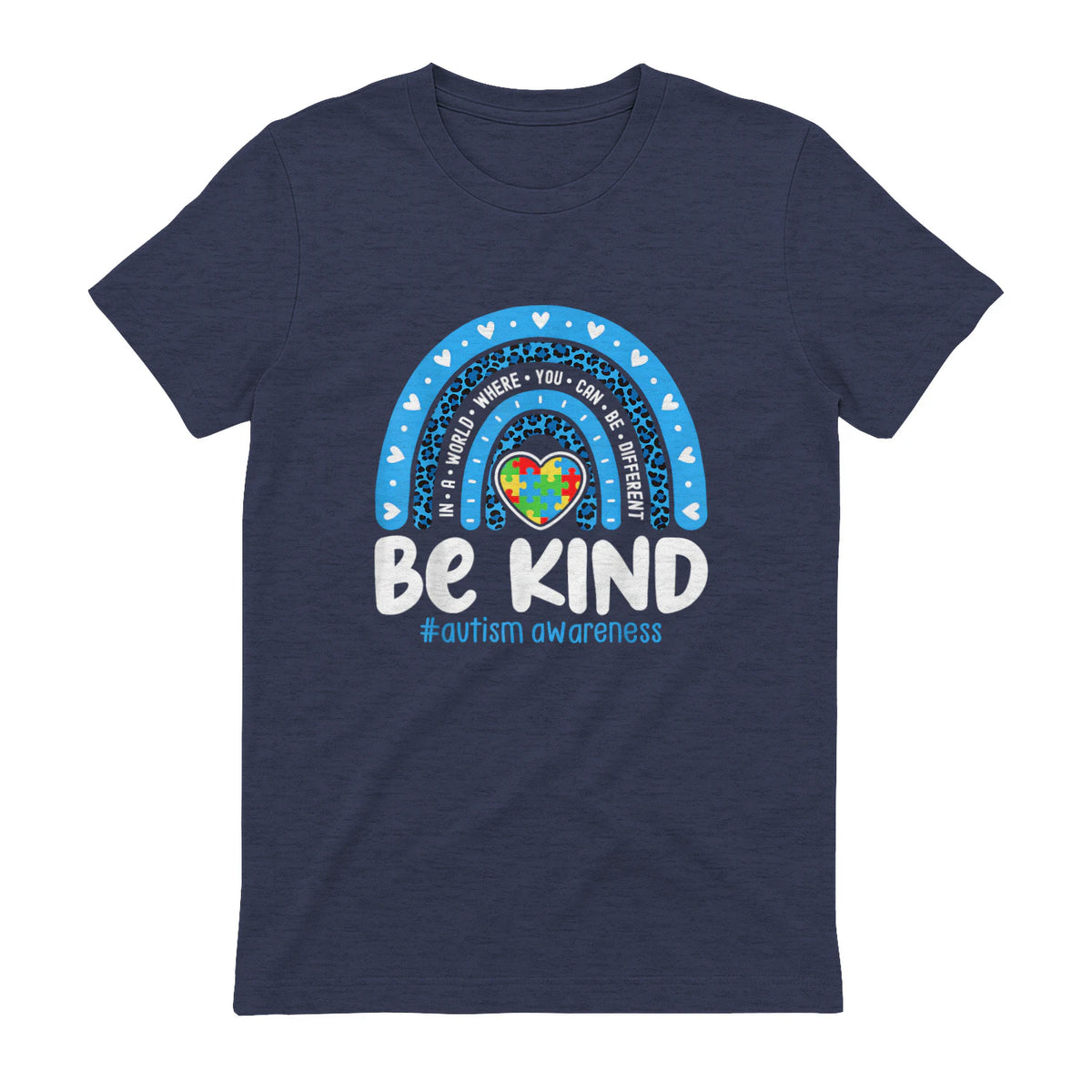 In April We Wear Blue Autism Ribbon T-Shirt in Heather Navy - back view