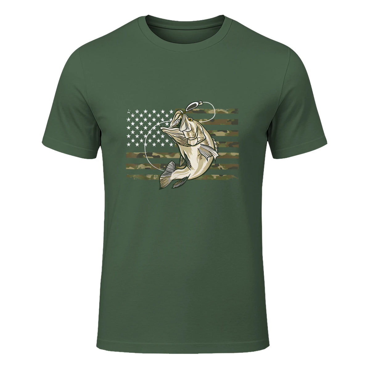 Fishing Camouflage US American Flag Bass Fish Fisherman Camo T-Shirt in Military Green - front view