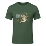 Fishing Camouflage US American Flag Bass Fish Fisherman Camo T-Shirt in Military Green - front view