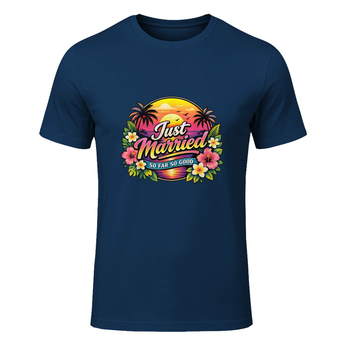 Couple de Jeunes mariés drôle Just Married Tropical Honeymoon in Navy - front view