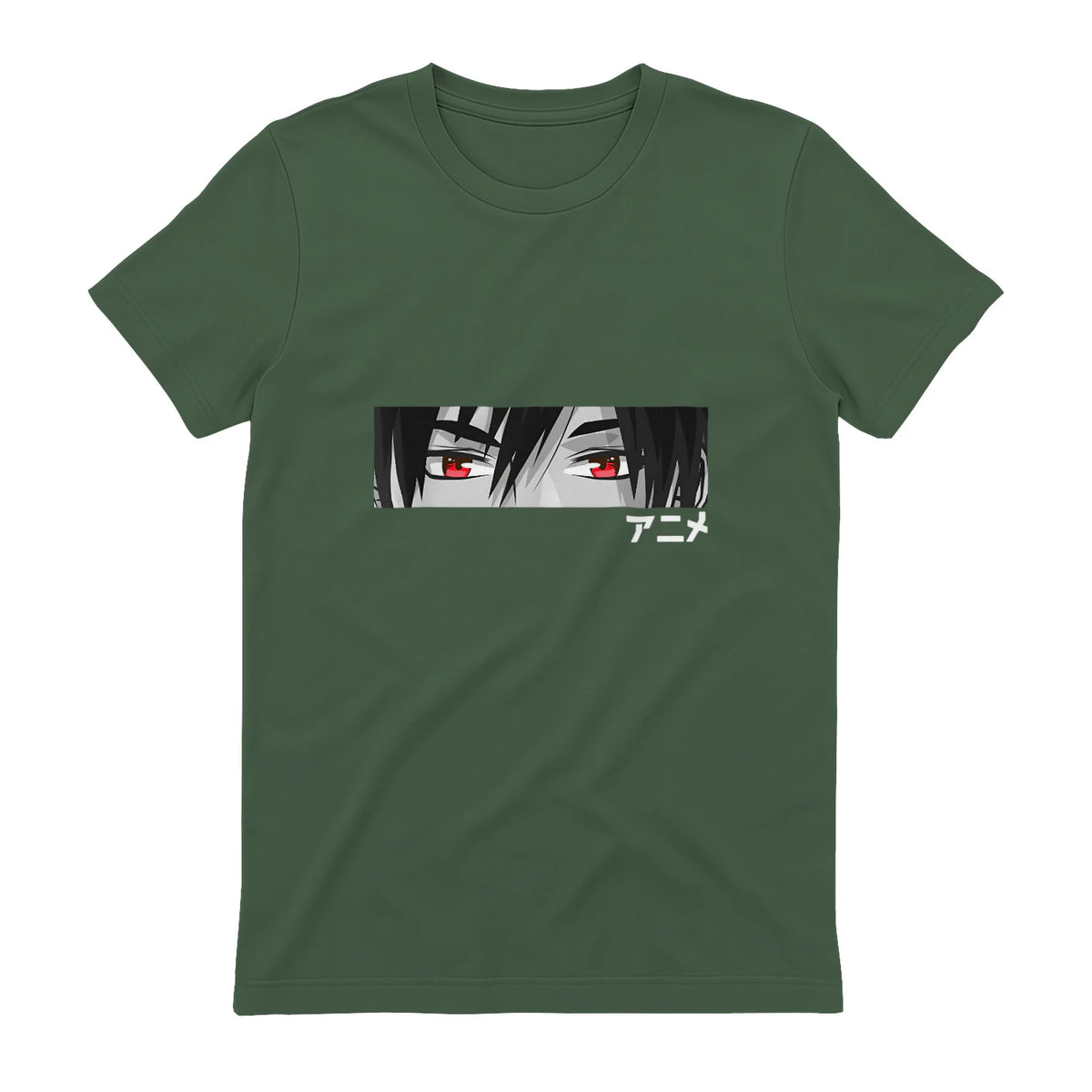 Anime in Japanese Characters Kawaii Eyes Face Short Sleeve in Military Green - back view