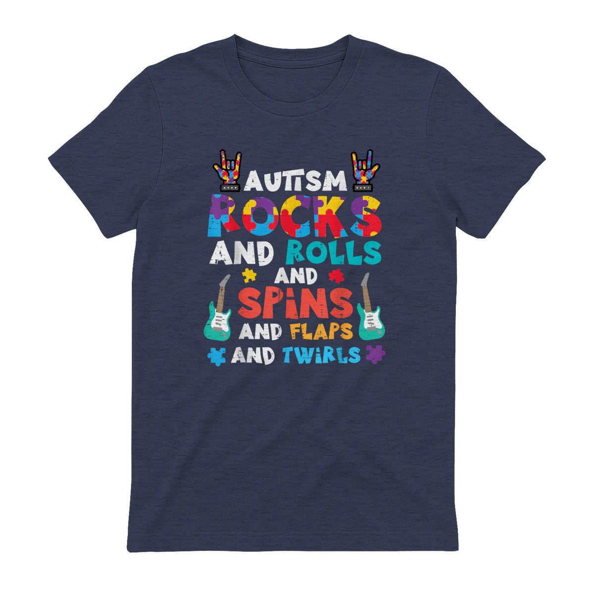 Autism Rocks Rolls Spins Flaps Awareness Boys Kids Women Men in Heather Navy - back view