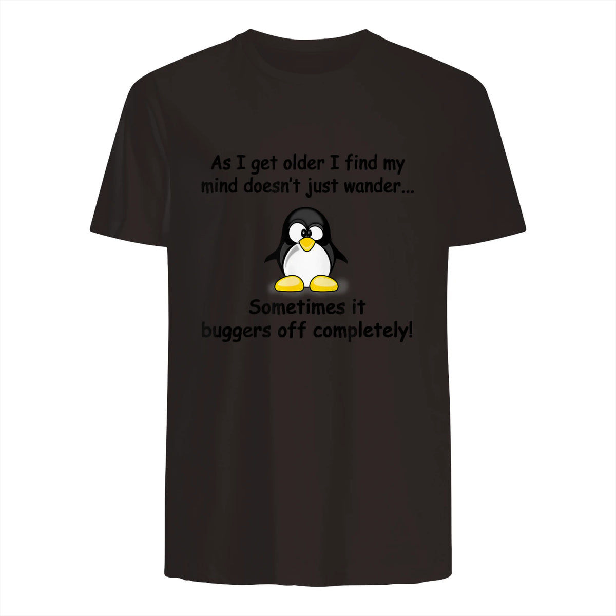 Funny silly penguin t-shirt mens ladies retirement gift in Dark Chocolate - back view