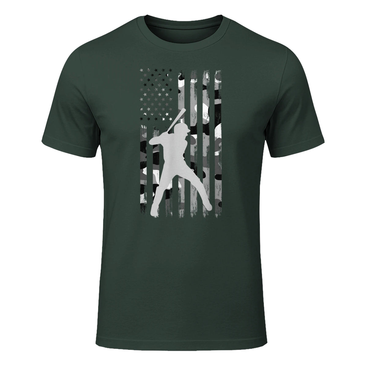 Baseball Player American Flag USA Camo Patriotic Graphic T-Shirt in Forest Green - front view