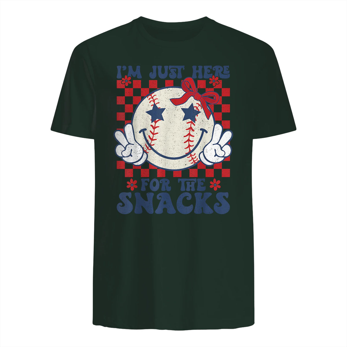 Retro Baseball Sister I'm Just Here for The Snacks Girls Mom T-Shirt in Forest Green - back view