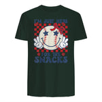 Retro Baseball Sister I'm Just Here for The Snacks Girls Mom T-Shirt in Forest Green - back view