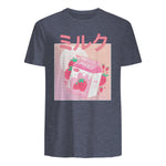 Funny Retro Nineties Japanese Kawaii Strawberry Milk Shake Carton T-Shirt in Heather Navy - back view