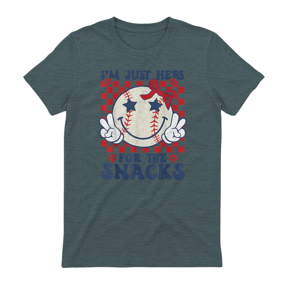 Retro Baseball Sister I'm Just Here for The Snacks Girls Mom T-Shirt in Dark Heather - back view