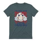 Retro Baseball Sister I'm Just Here for The Snacks Girls Mom T-Shirt in Dark Heather - back view