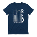 Remember Everyone Deployed RED Friday Military American Flag T-Shirt in Navy - back view