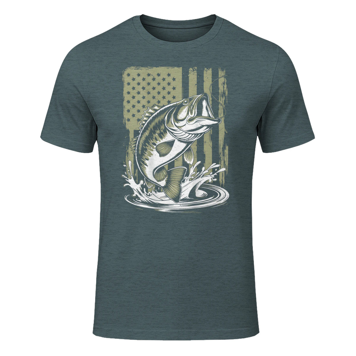 Fishing Camo Bass Fish American Flag Men's Fisherman Gift T-Shirt in Dark Heather - front view
