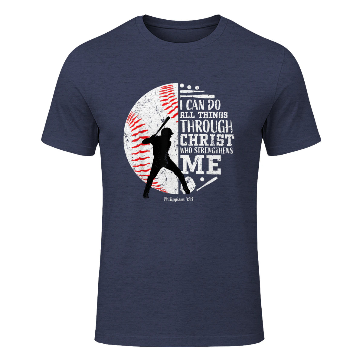 Philippians Four Thirteen Baseball Player Graphic with Bible Verse T-Shirt in Heather Navy - front view