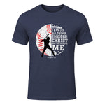 Philippians Four Thirteen Baseball Player Graphic with Bible Verse T-Shirt in Heather Navy - front view