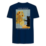 Funny Cat & Sunflowers Van Gogh Art Parody Vintage T-Shirt in Navy - back view