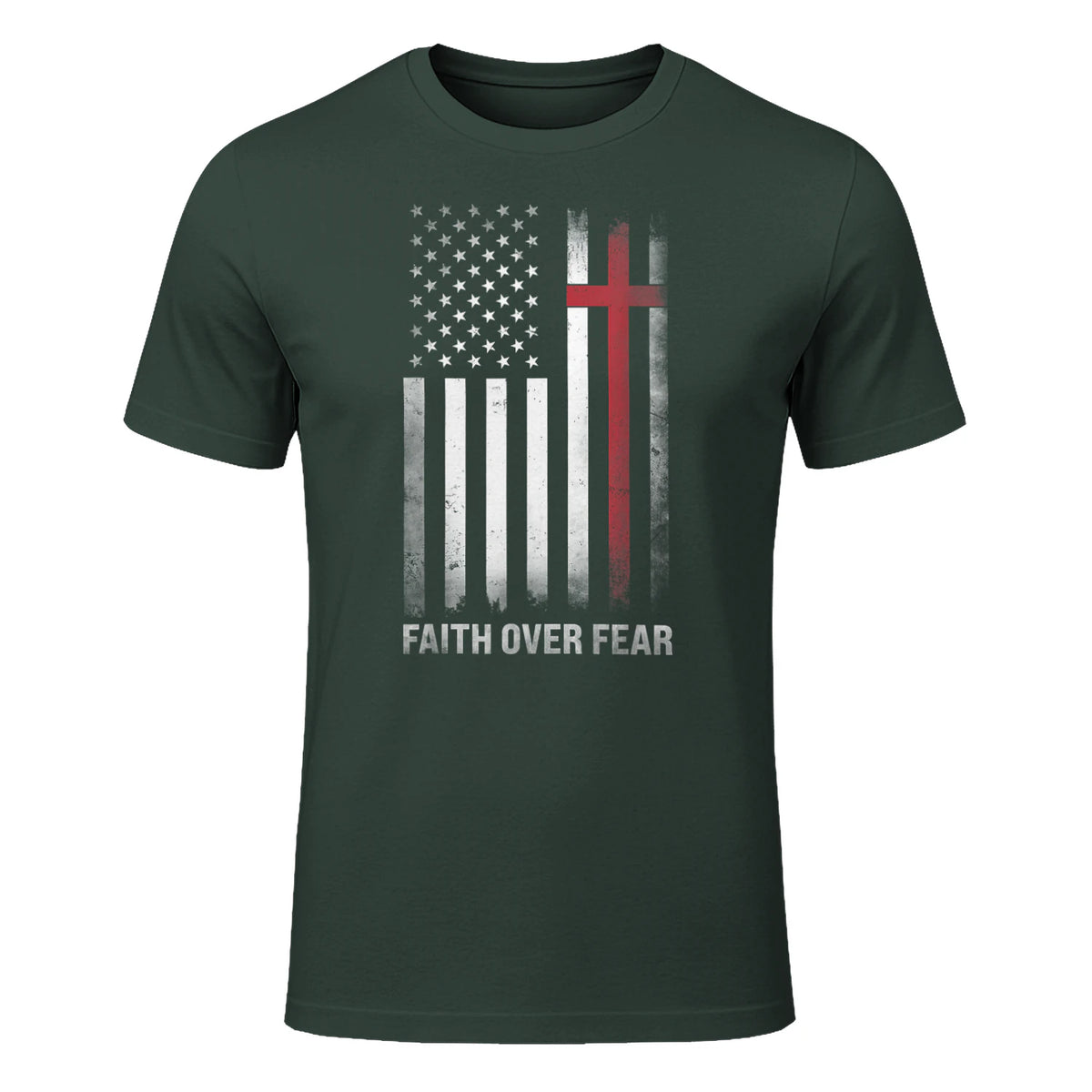 Christian US USA Flag American Christ Faith Over Fear Cross T-Shirt in Forest Green - front view