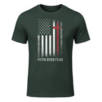 Christian US USA Flag American Christ Faith Over Fear Cross T-Shirt in Forest Green - front view