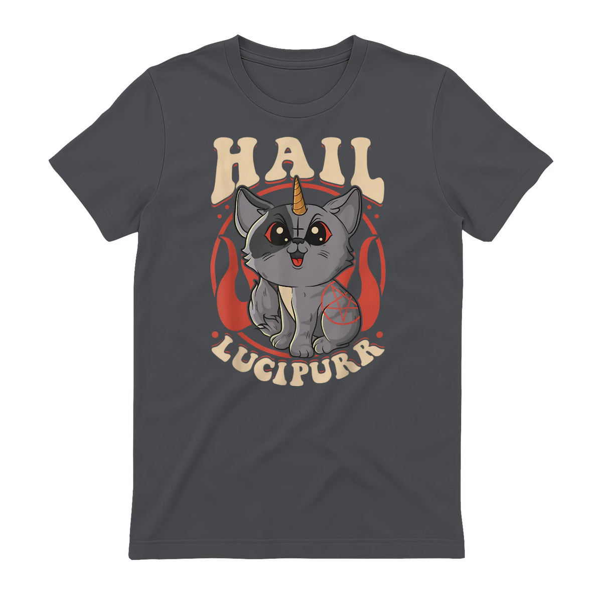 Cute & Funny Satanic Hail Lucipurr Rainbow Kitty Goth in Charcoal - back view