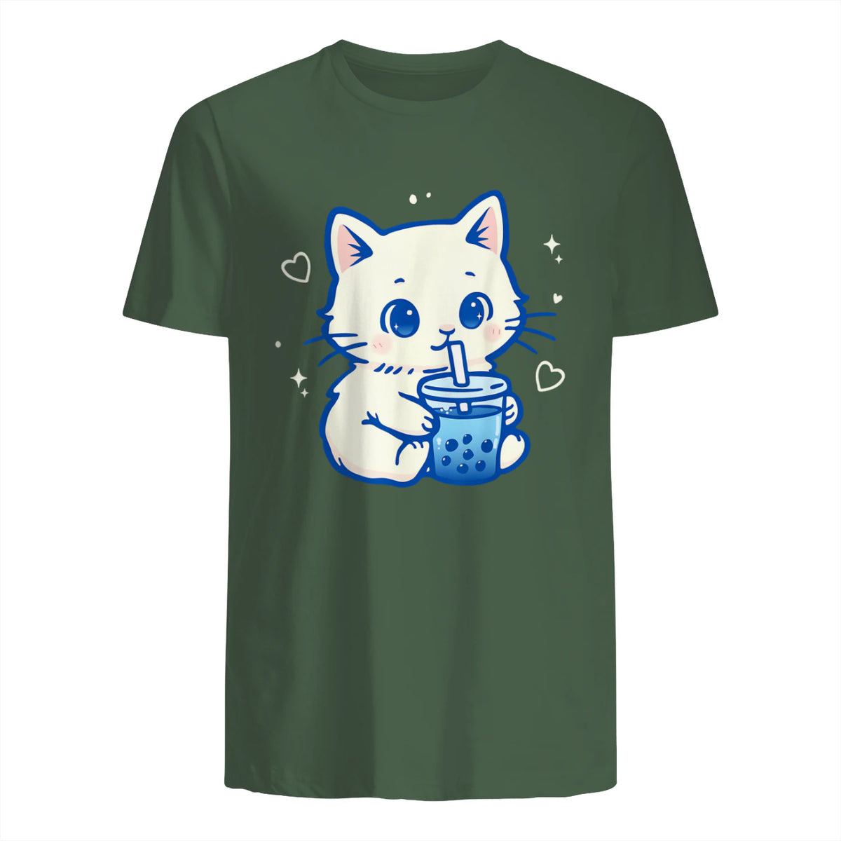 Kawaii Cat Boba Japanese Cute Aesthetic Anime Girls Teens T-Shirt in Military Green - back view