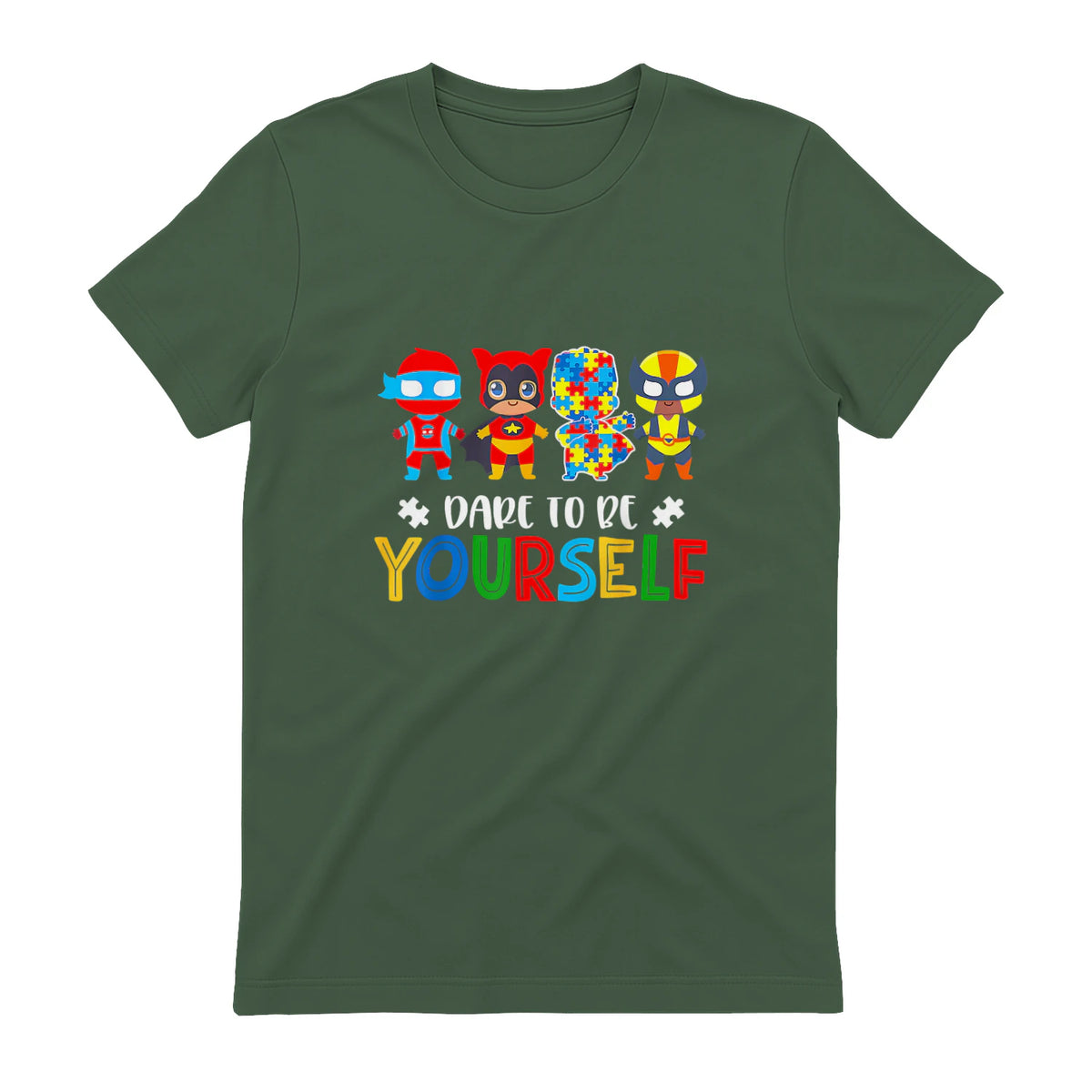 Dare to Be Yourself Autism Awareness Superheroes in Military Green - back view