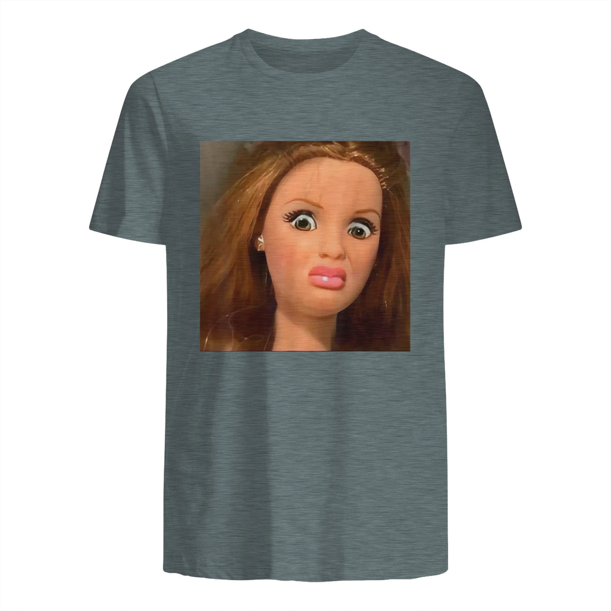 Funny Doll Face Meme Expression Hilarious Sarcastic in Dark Heather - back view