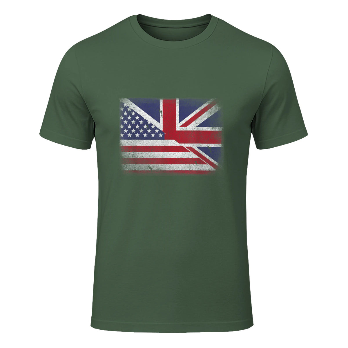 Vintage Half American Half British Flag Great Britain USA T-Shirt in Military Green - front view