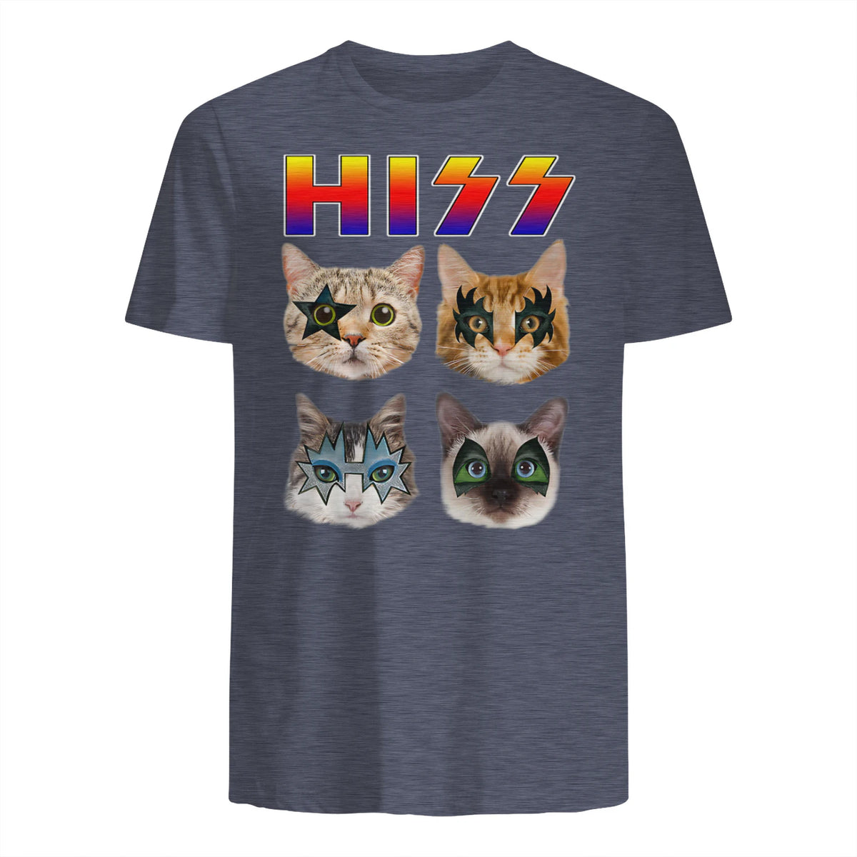 Funny Cat Hiss Rock and Roll For Cat Lover, Cat Dad, Cat mom T-Shirt in Heather Navy - back view