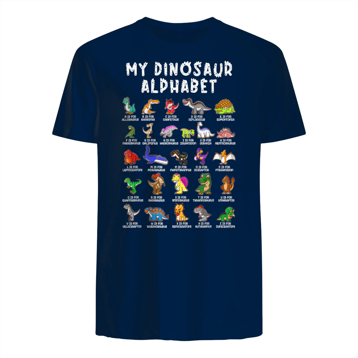 Types Of Dinosaurs Alphabet Dino Identification T-Shirt in Navy - back view