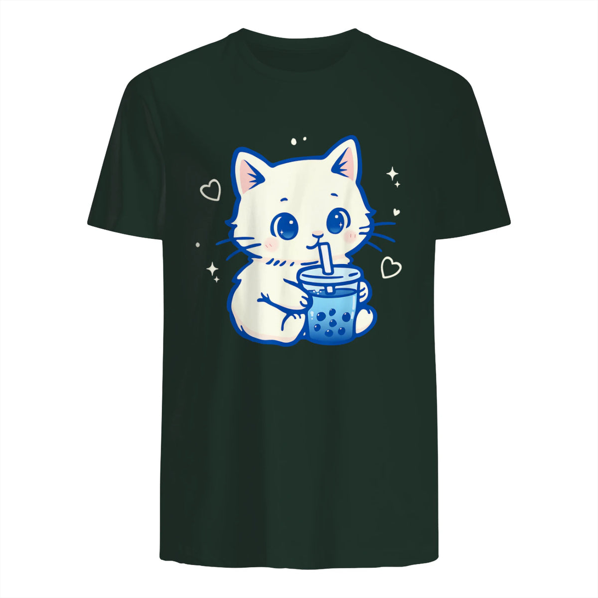 Kawaii Cat Boba Japanese Cute Aesthetic Anime Girls Teens T-Shirt in Forest Green - back view