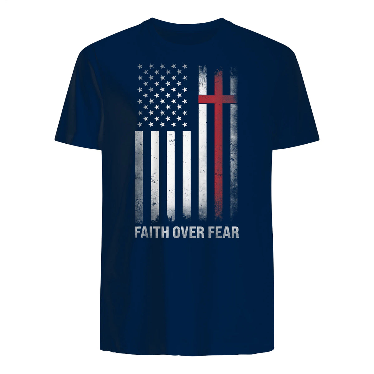 Christian US USA Flag American Christ Faith Over Fear Cross T-Shirt in Navy - back view