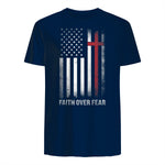 Christian US USA Flag American Christ Faith Over Fear Cross T-Shirt in Navy - back view
