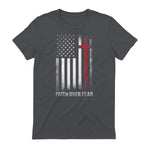 Christian US USA Flag American Christ Faith Over Fear Cross T-Shirt in Charcoal - back view