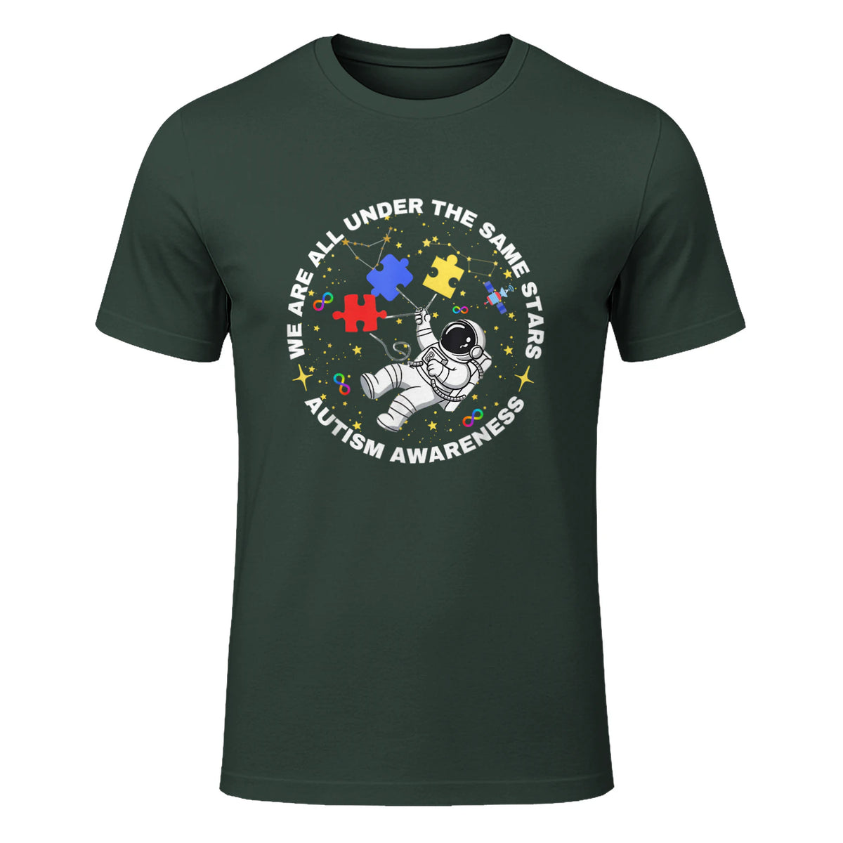 Autism We are All Under The Same Stars Space Astronaut in Forest Green - front view
