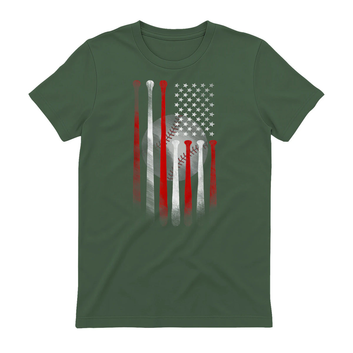 Vintage Baseball American Flag T-Shirt, Classic Fit Black Tee for Dad in Military Green - back view