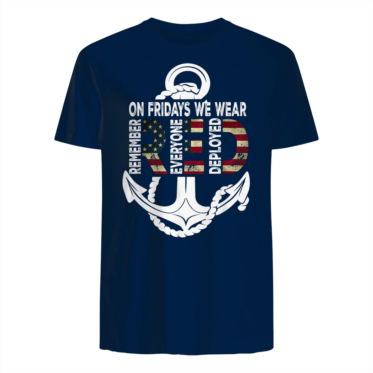 On Fridays We Wear Red Remember Everyone Deployed Navy T-Shirt in Navy - back view